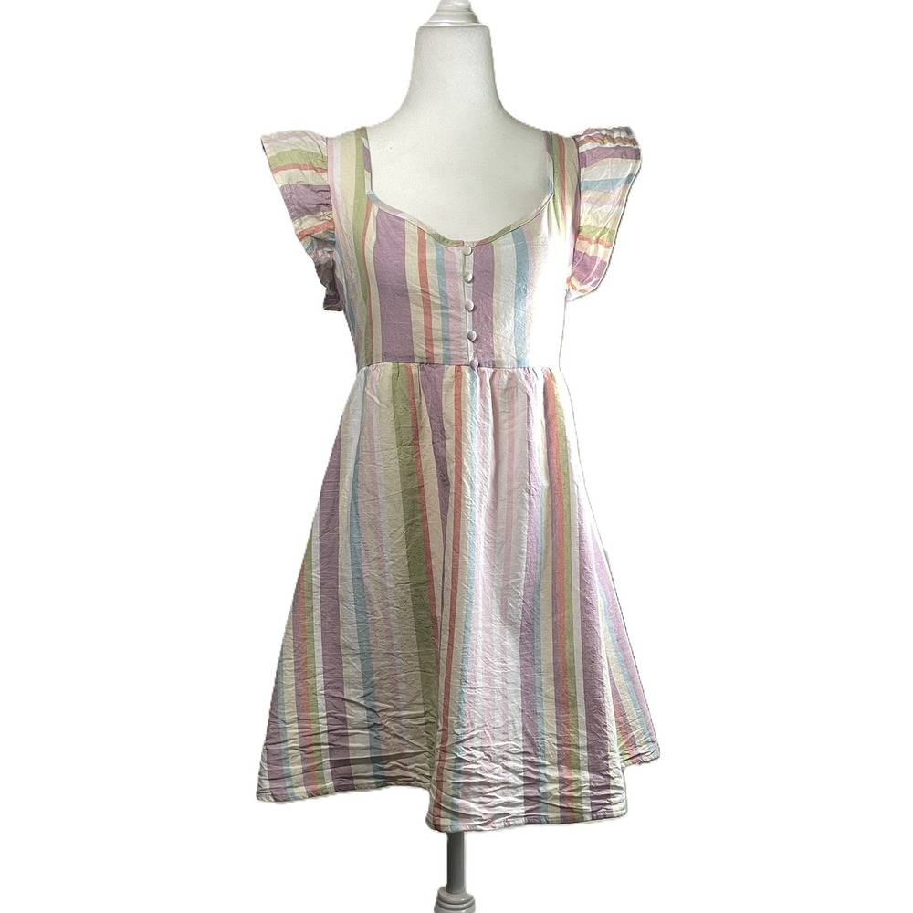 Altar'd State Size Medium Pastel Stripe Cotton Babydoll Mini Dress Cottagecore